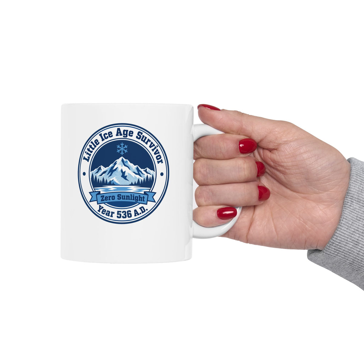 Little Ice Age Survivor 536 AD ceramic mug, 15oz, held in hand