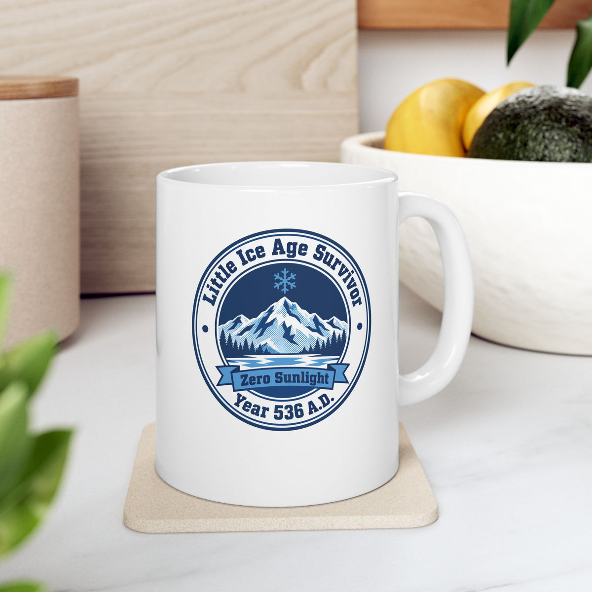 Little Ice Age Survivor 536 AD ceramic mug, 11oz, on a kitchen counter