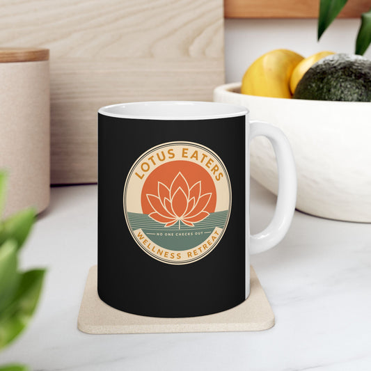 Lotus Eaters Wellness Retreat ceramic mug, 11oz, on a kitchen counter