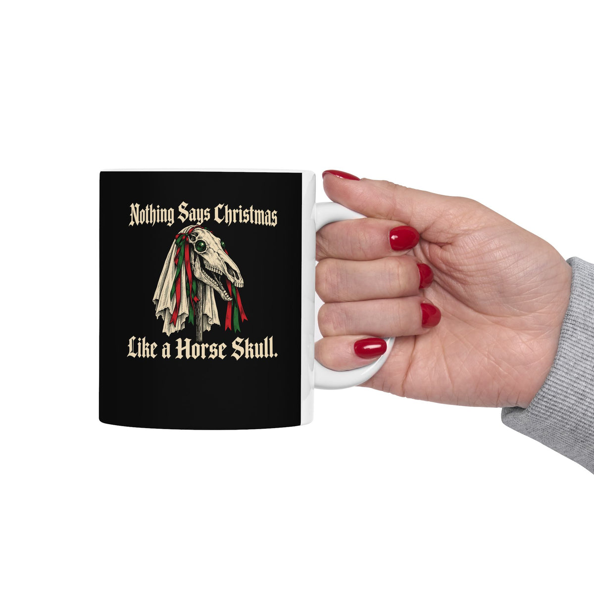 Mari Lwyd Horse Skull ceramic mug, 15oz, held in hand