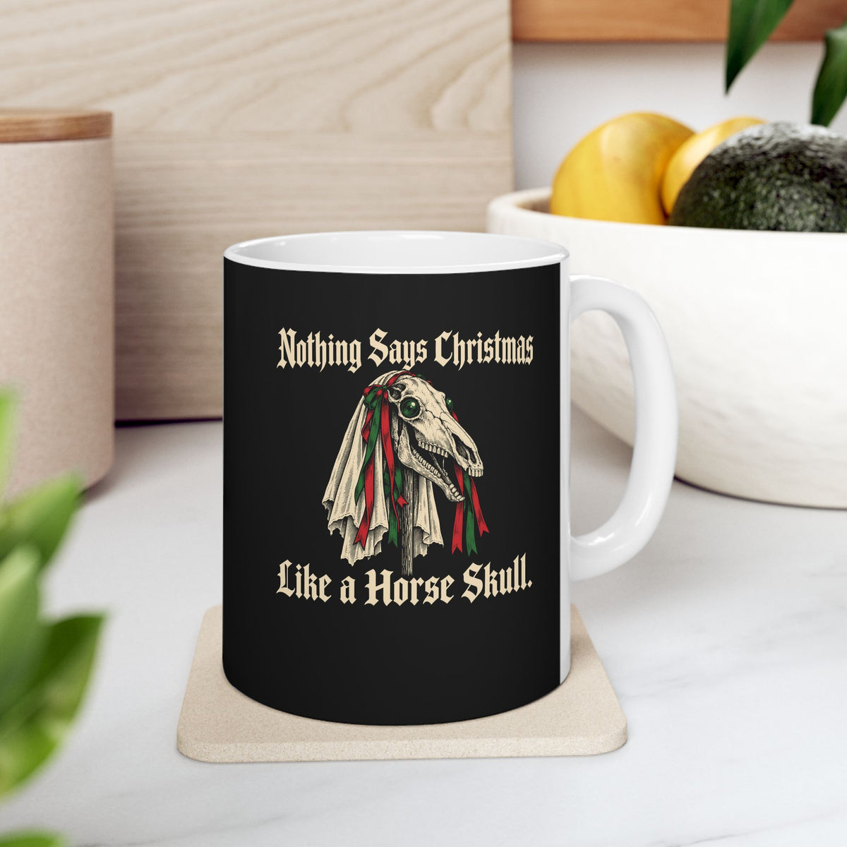 Mari Lwyd Horse Skull ceramic mug, 11oz, on a kitchen counter