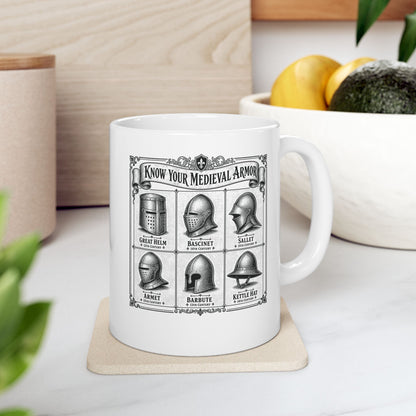 Medieval Armor Helmets ceramic mug, 11oz, on a kitchen counter