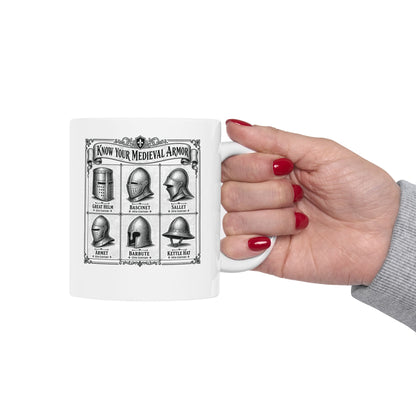 Medieval Armor Helmets ceramic mug, 15oz, held in hand