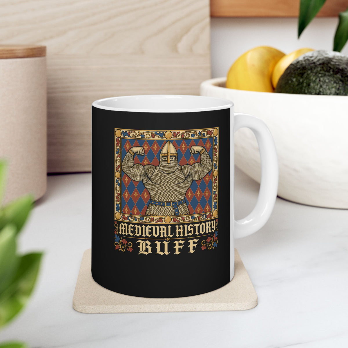 Medieval History Buff Knight ceramic mug, 11oz, on a kitchen counter