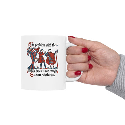 Medieval Manuscript Meme of Saxon Warriors ceramic mug, 15oz, held in hand