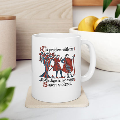 Medieval Manuscript Meme of Saxon Warriors ceramic mug, 11oz, on a kitchen counter