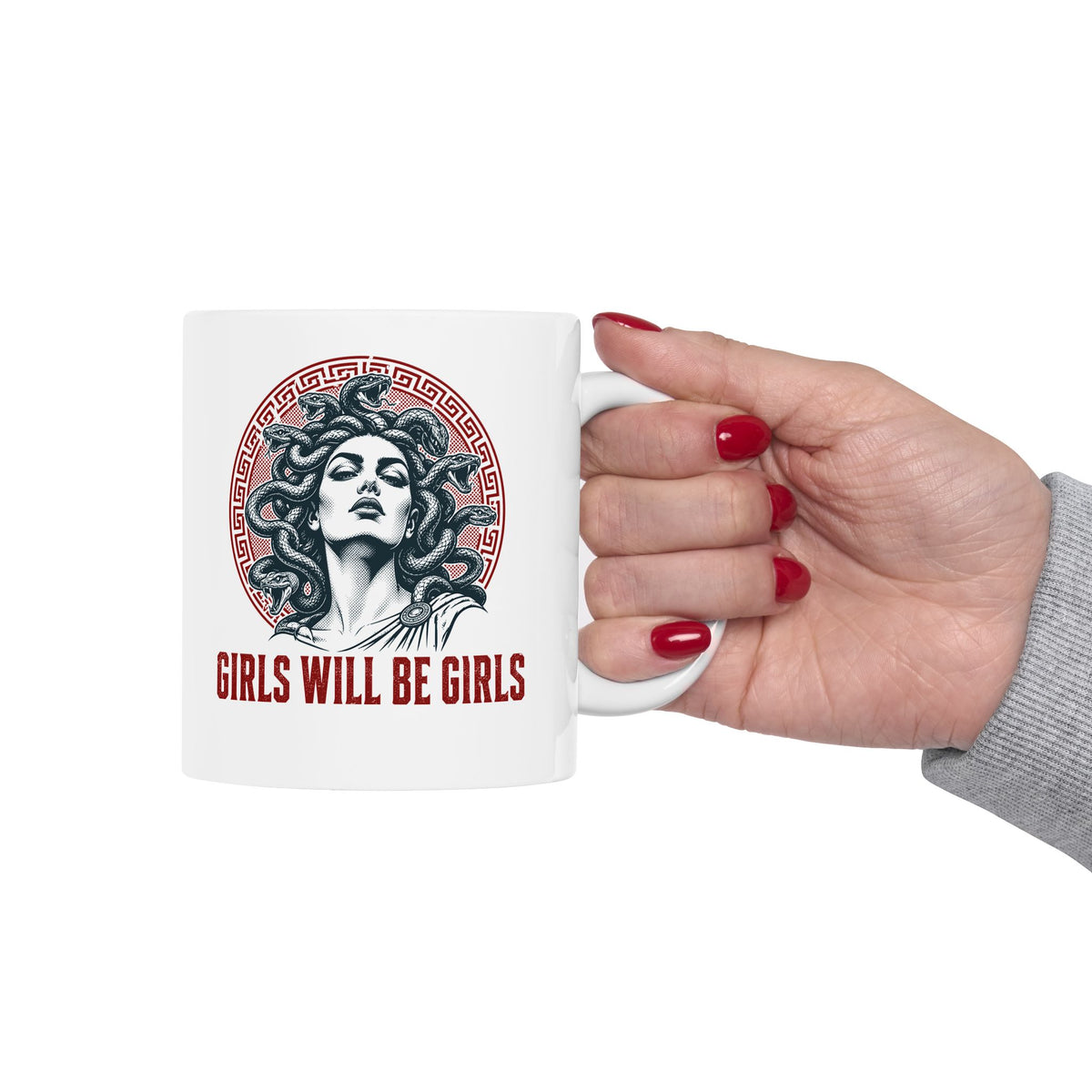 Medusa Girls will be Girls ceramic mug, 15oz, held in hand