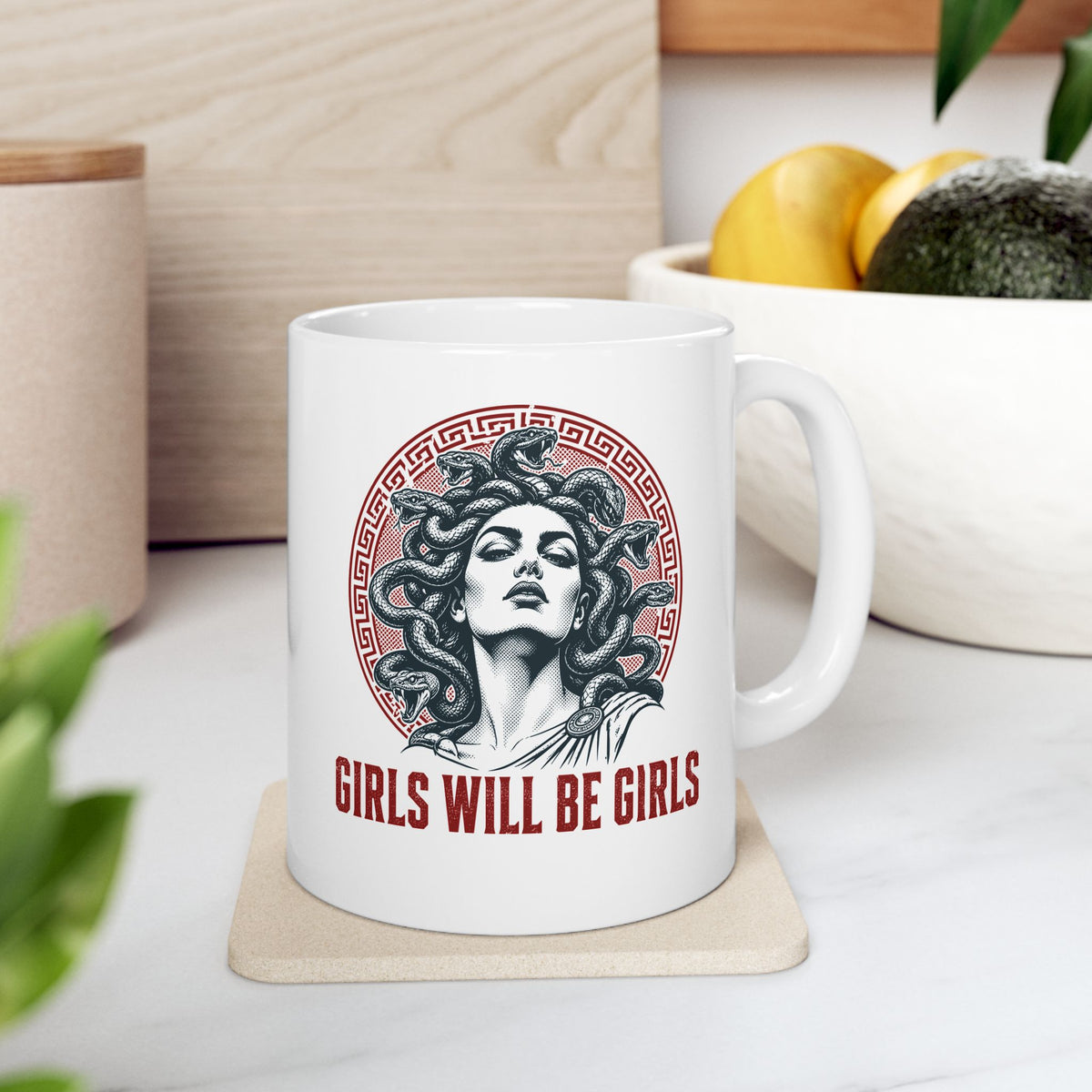 Medusa Girls will be Girls ceramic mug, 11oz, on a kitchen counter