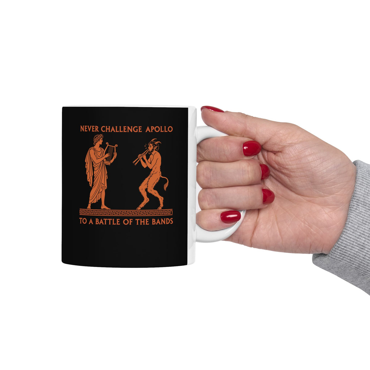 Never Challenge Apollo to a Battle of the Bands ceramic mug, 15oz, held in hand