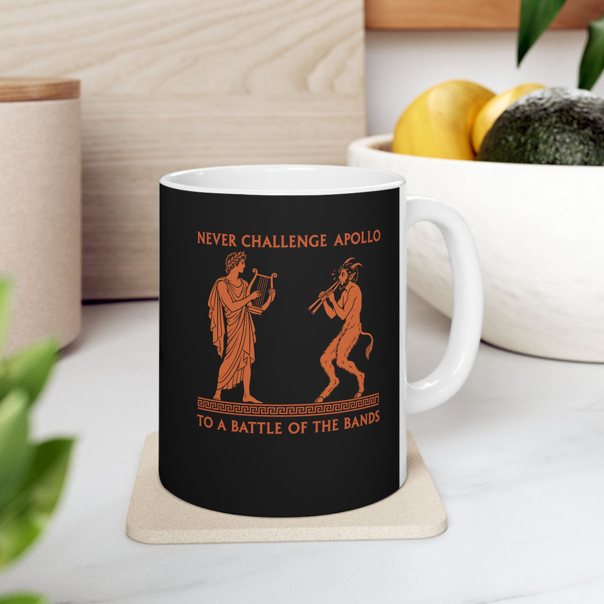 Never Challenge Apollo to a Battle of the Bands ceramic mug, 11oz, on a kitchen counter