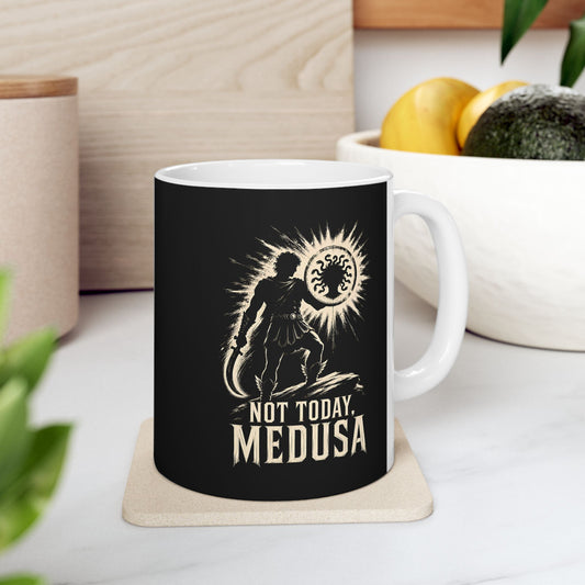 Not Today Medusa Perseus Shield ceramic mug, 11oz, on a kitchen counter