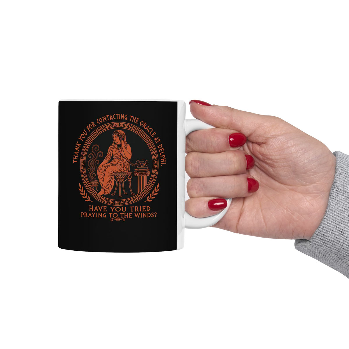 Oracle of Delphi Call Center ceramic mug, 15oz, held in hand