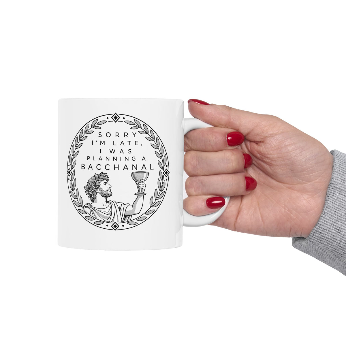 Planning a Bacchanal ceramic mug, 15oz, held in hand
