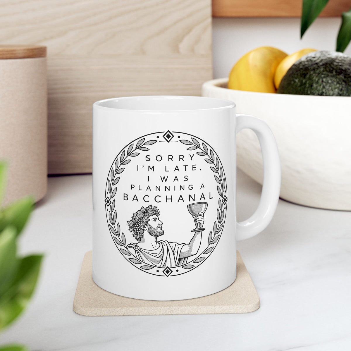 Planning a Bacchanal ceramic mug, 11oz, on a kitchen counter