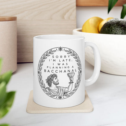 Planning a Bacchanal ceramic mug, 11oz, on a kitchen counter