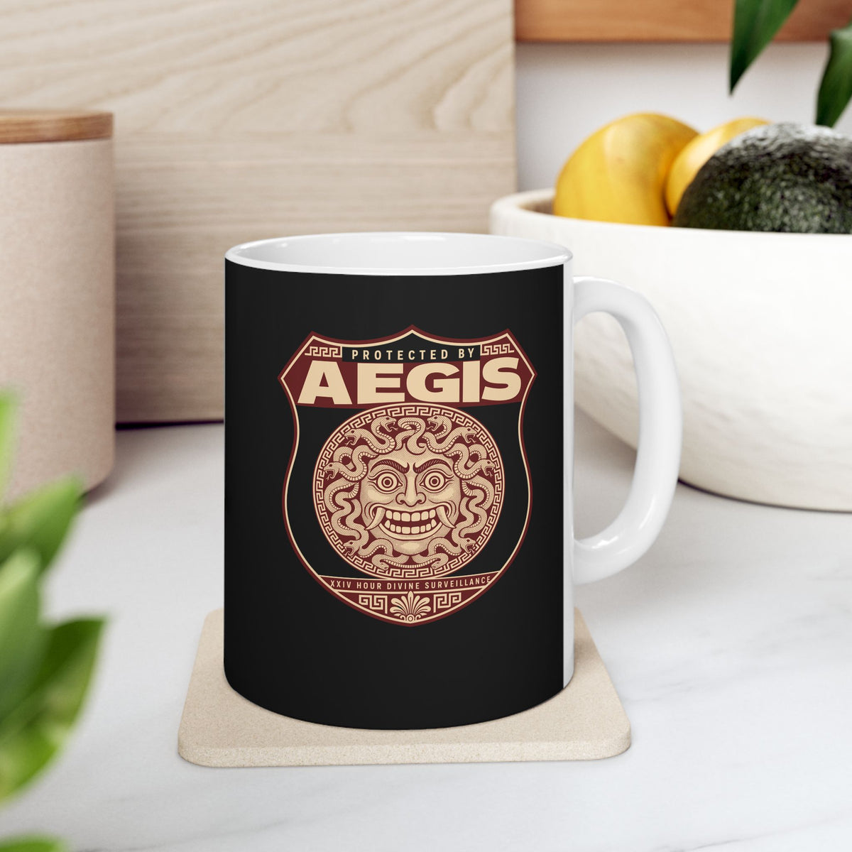 Protected by Aegis Shield ceramic mug, 11oz, on a kitchen counter