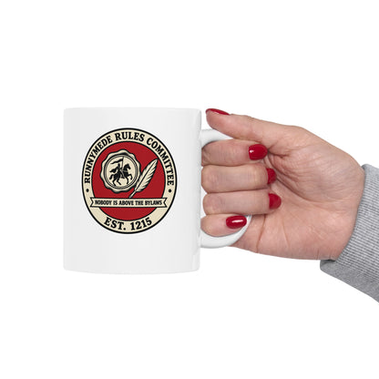 Runnymede Rules Committee ceramic mug, 15oz, held in hand