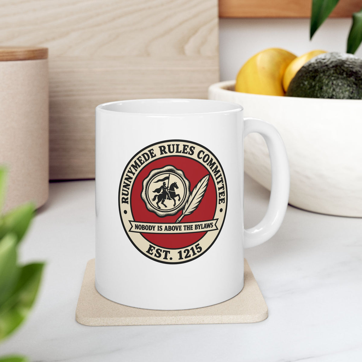 Runnymede Rules Committee ceramic mug, 11oz, on a kitchen counter