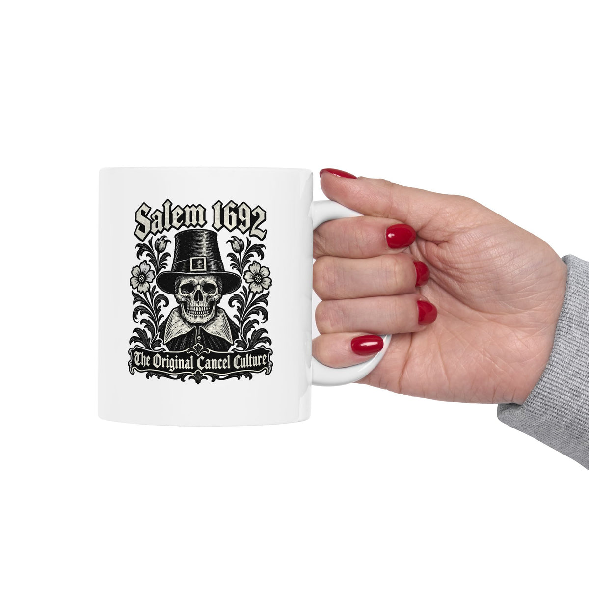 Salem 1692 The Original Cancel Culture ceramic mug, 15oz, held in hand