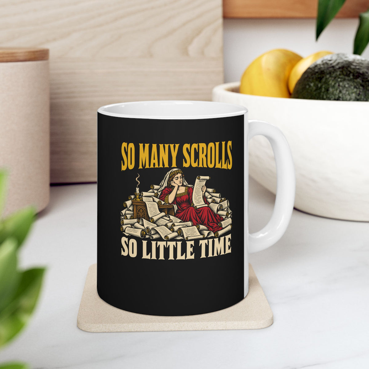 So Many Scrolls So Little Time ceramic mug, 11oz, on a kitchen counter