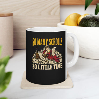 So Many Scrolls So Little Time ceramic mug, 11oz, on a kitchen counter