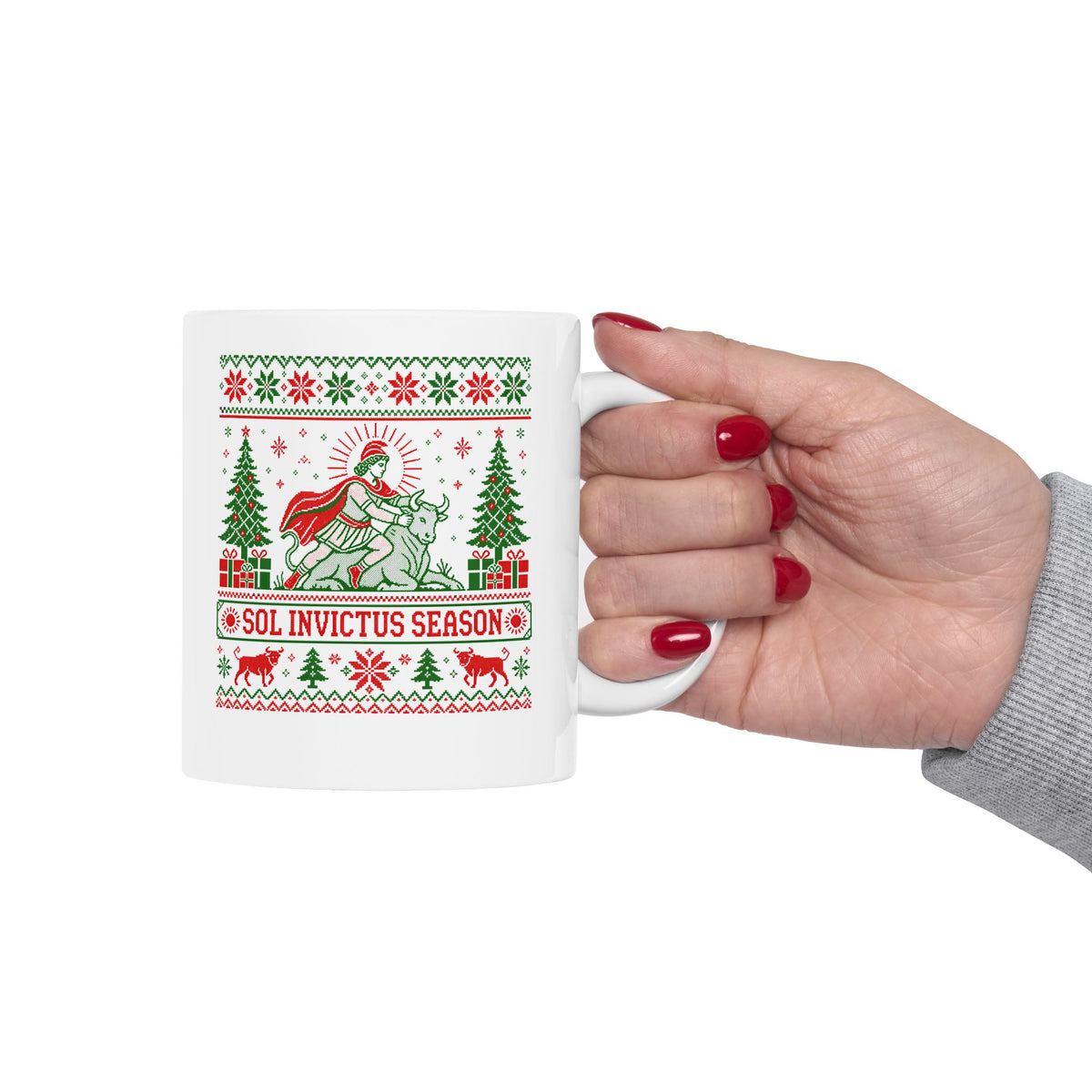 Sol Invictus Season Ugly Sweater Style ceramic mug, 15oz, held in hand