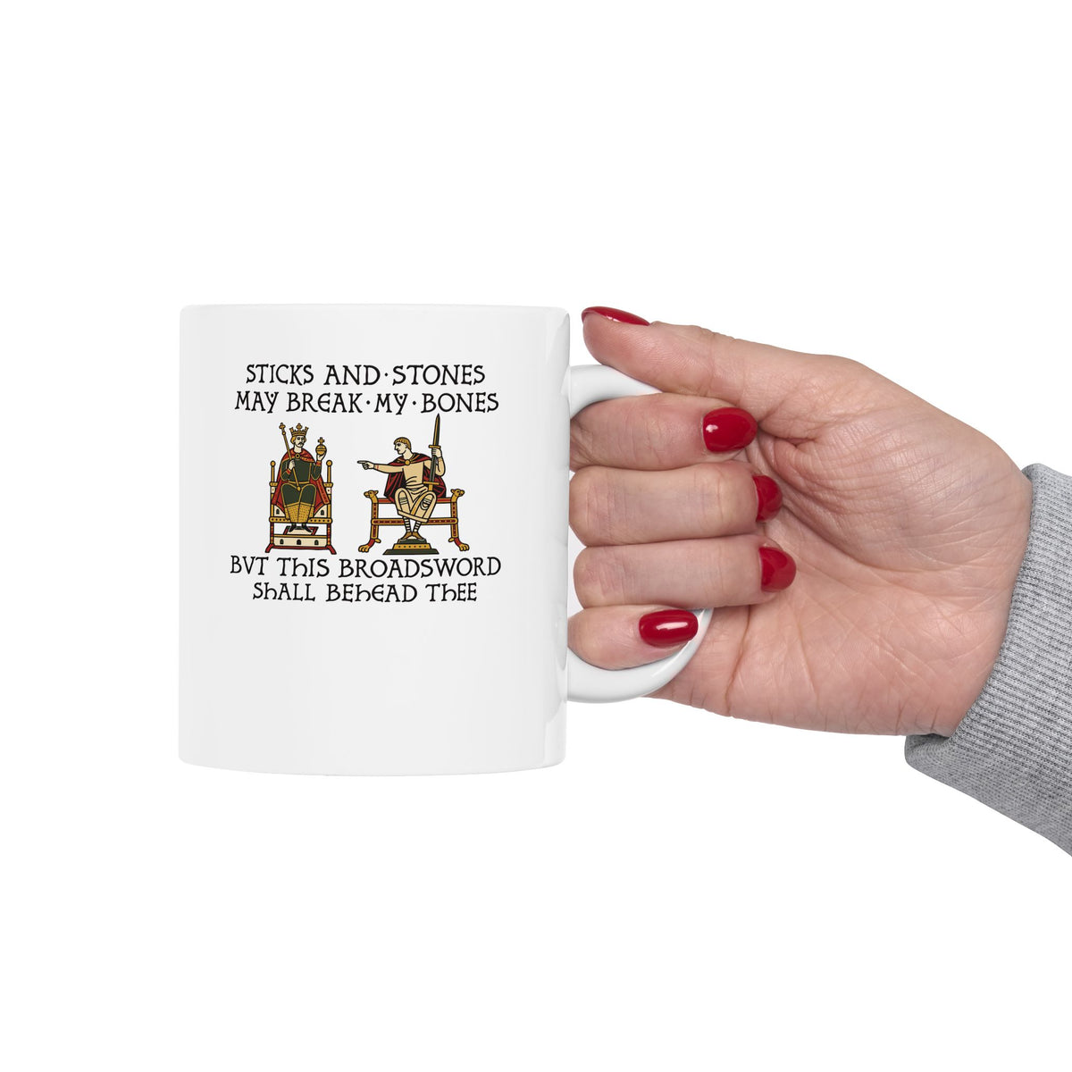 Sticks and Stones Medieval Tapestry ceramic mug, 15oz, held in hand