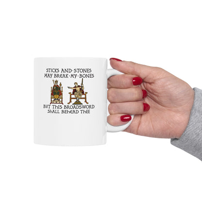 Sticks and Stones Medieval Tapestry ceramic mug, 15oz, held in hand