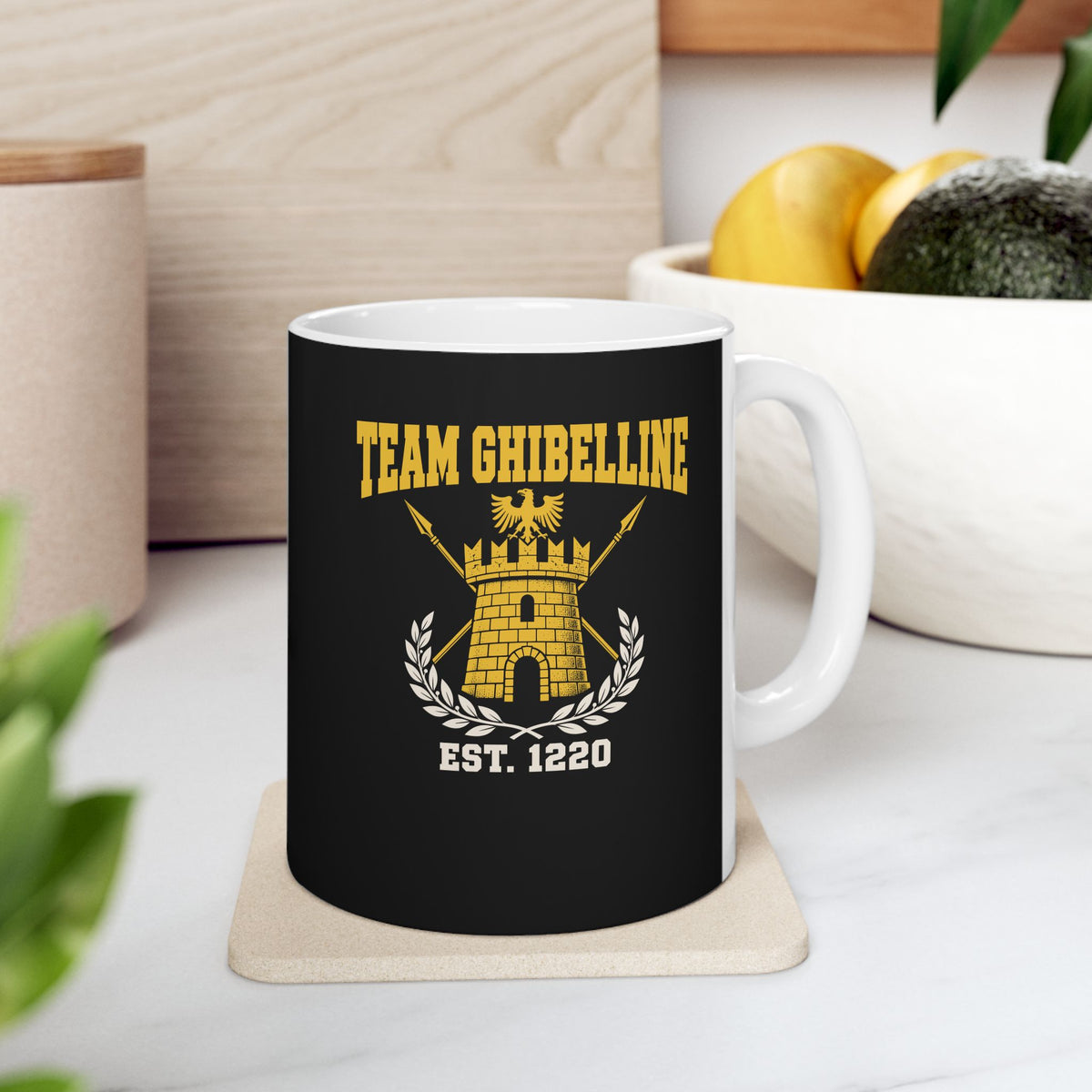 Team Ghibelline Crest ceramic mug, 11oz, on a kitchen counter