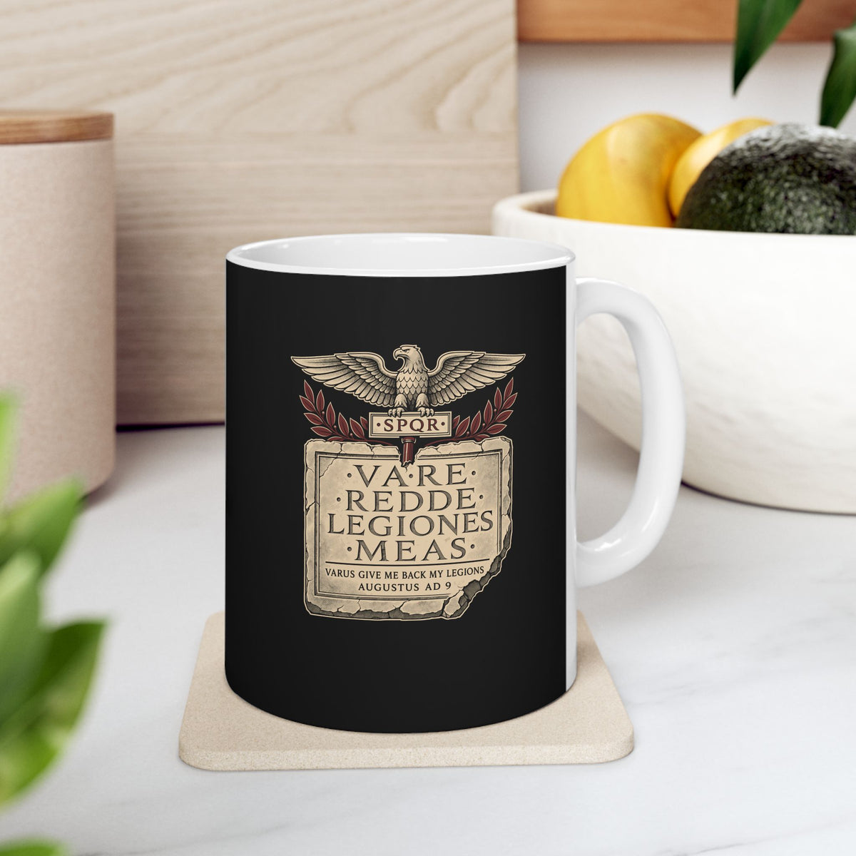 Varus Give Back Legions Quote Latin ceramic mug, 11oz, on a kitchen counter