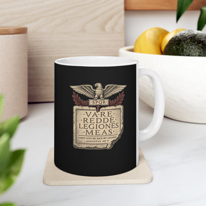 Varus Give Back Legions Quote Latin ceramic mug, 11oz, on a kitchen counter